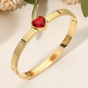 Red Gold Stainless Steel Heart Bangle Bracelet Jewelry Stone Hinged